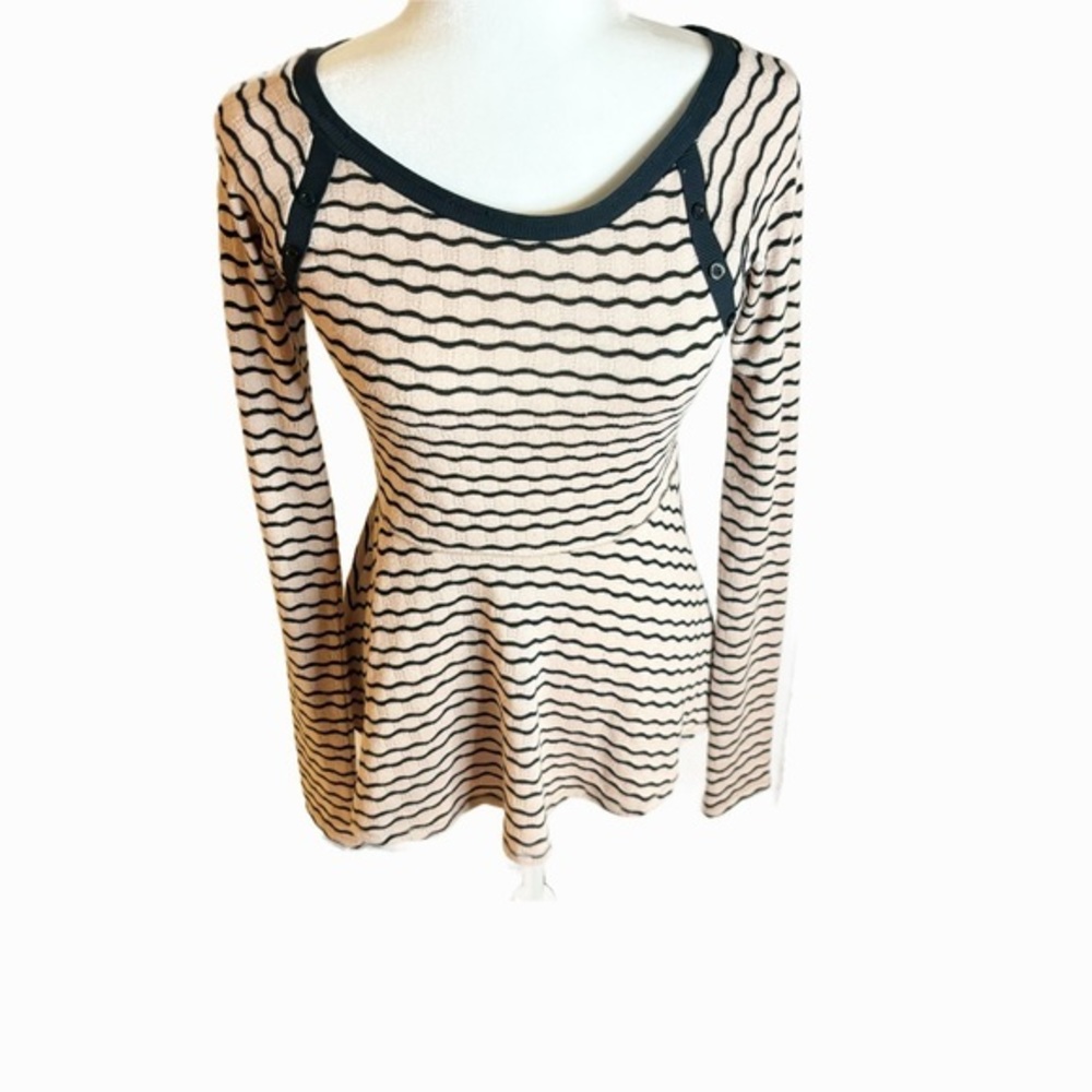 Free People Black and Cream Striped Long-Sleeve Peplum Top